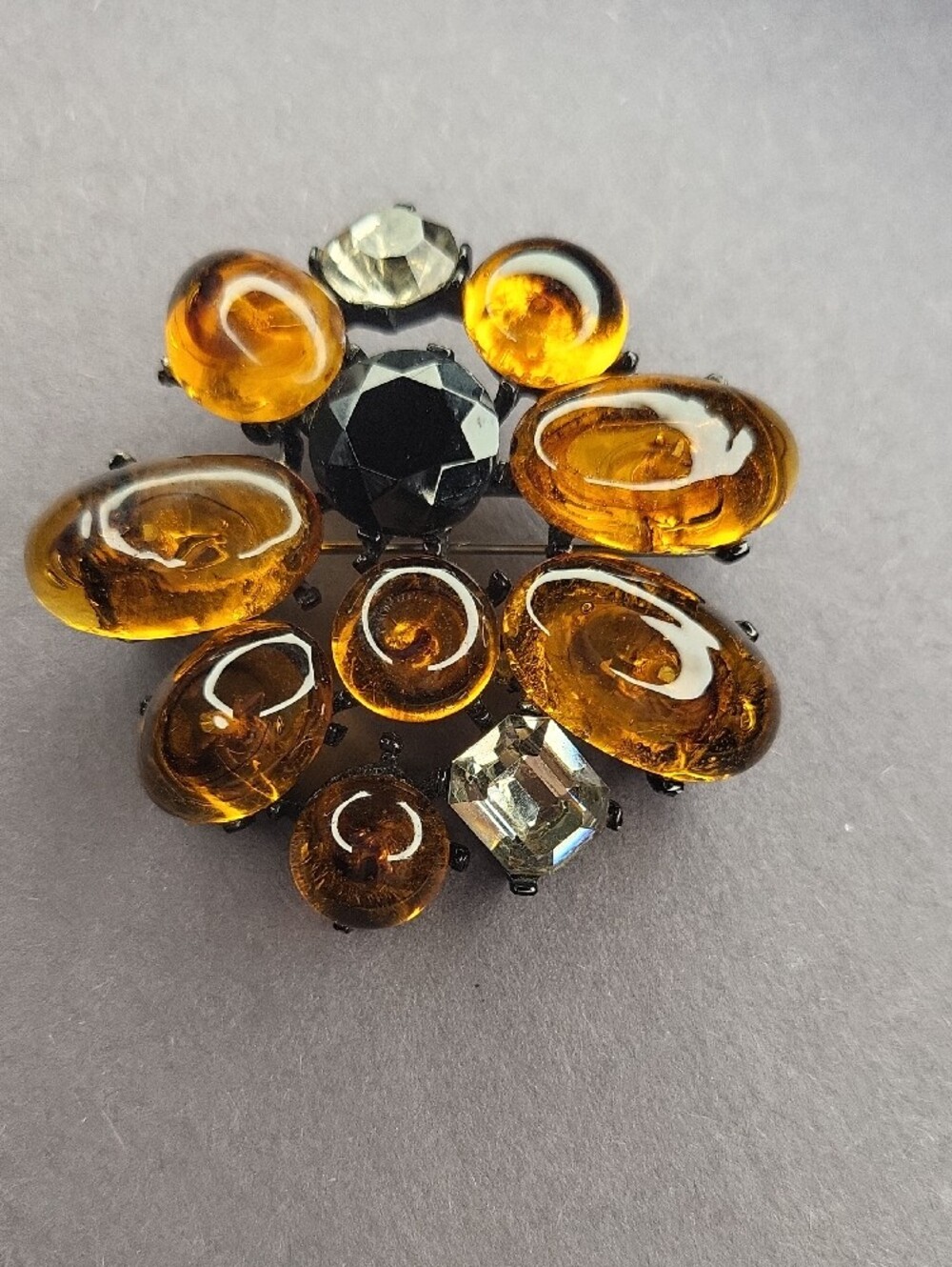 Amber Glass & Black Crystal Floral Brooch by Lisner